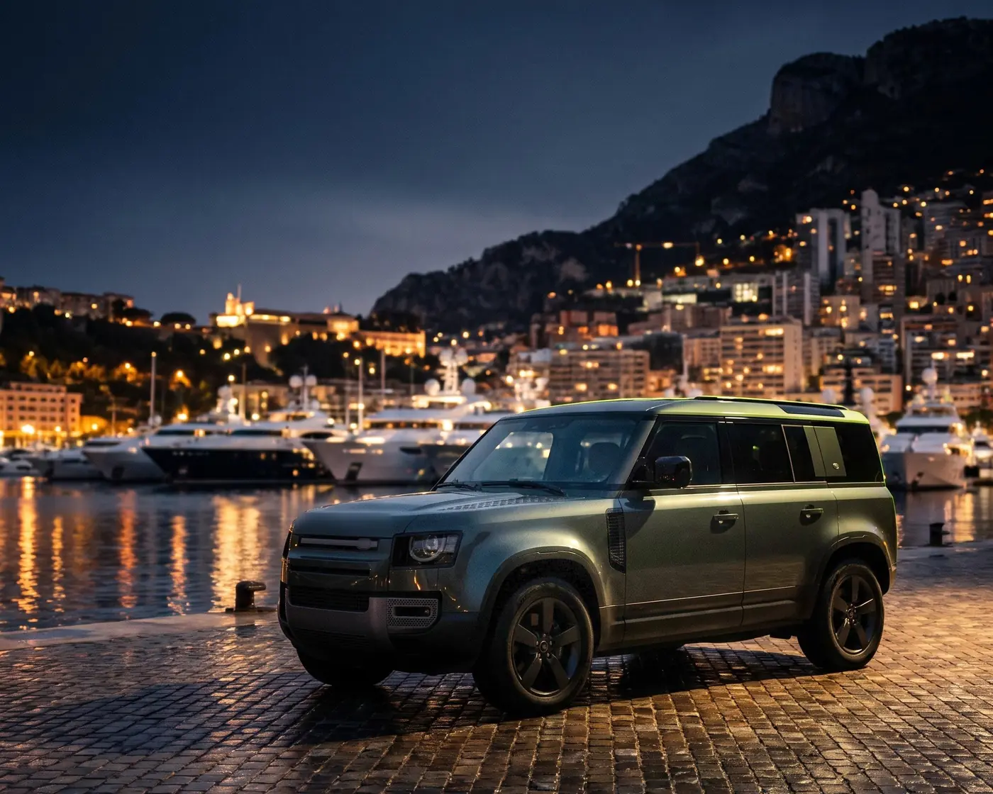 Land Rover Defender 110 (tier DELTA) on the quay of Port Hercule, Monaco, at dusk — representative rendering