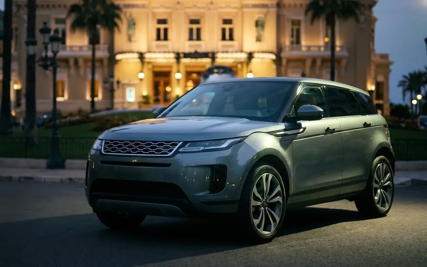 Land Rover Evoque in front of the Casino de Monte-Carlo gardens — representative rendering