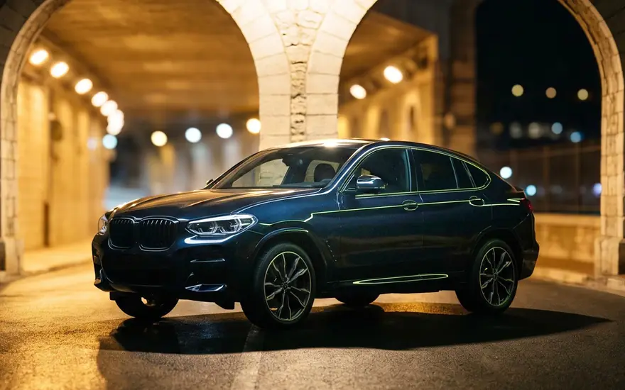 BMW X4 at the Fairmont hairpin tunnel, Monaco, at night — representative rendering