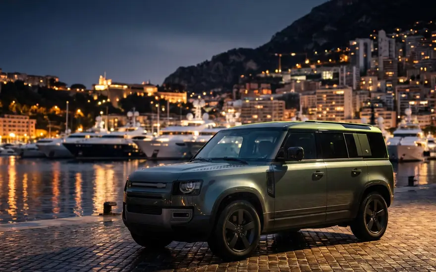 Land Rover Defender 110 on the quay of Port Hercule, Monaco — representative rendering