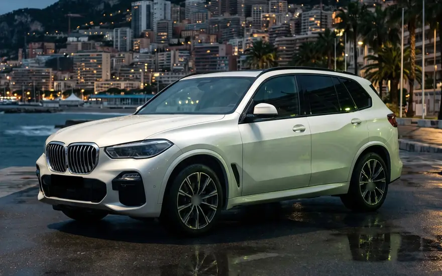 BMW X5 on the Larvotto seafront, Monaco, at blue hour — representative rendering